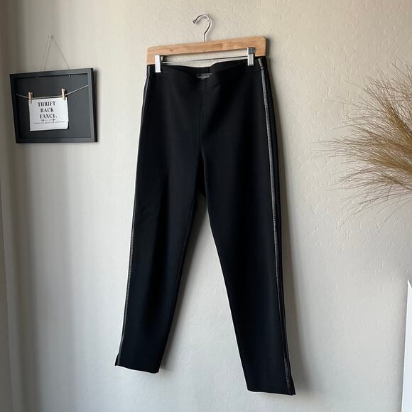 St. John Black Wool Knit Pull-On Leather Stripe Trim Dress Pants Size 10 - Picture 2 of 8